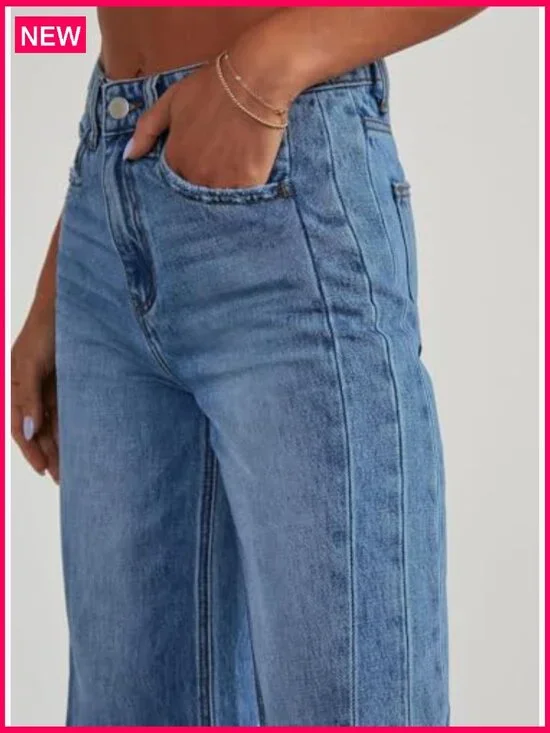 High Waisted Wide Leg Jeans Stretchy Raw Hem Denim Pants - Picture 4 of 7